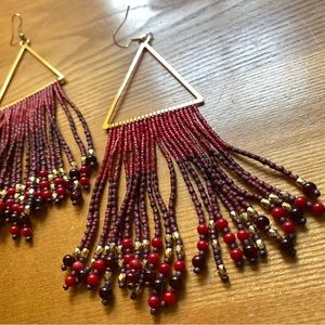 BEADED FRINGE EARRINGS GOLD TRIANGLE WITH RED GOLD BLACK BEADS
